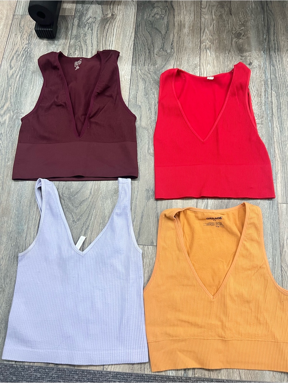 Garage Ribbed V-Neck Cropped Tank Tops - Burgundy, Red, Lavender, Mustard